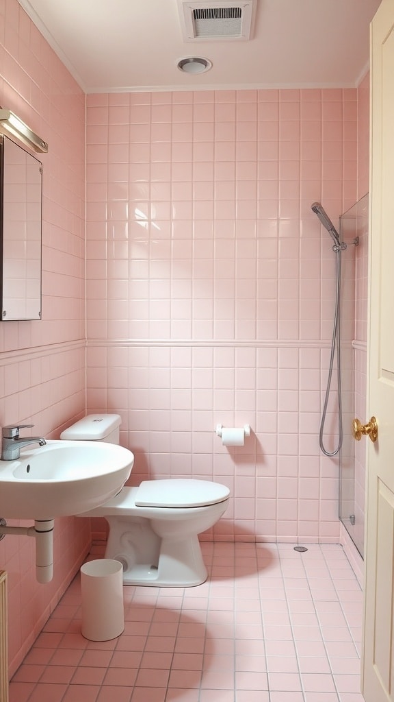 A bathroom featuring pastel pink tiles on the walls and floor, with white fixtures.