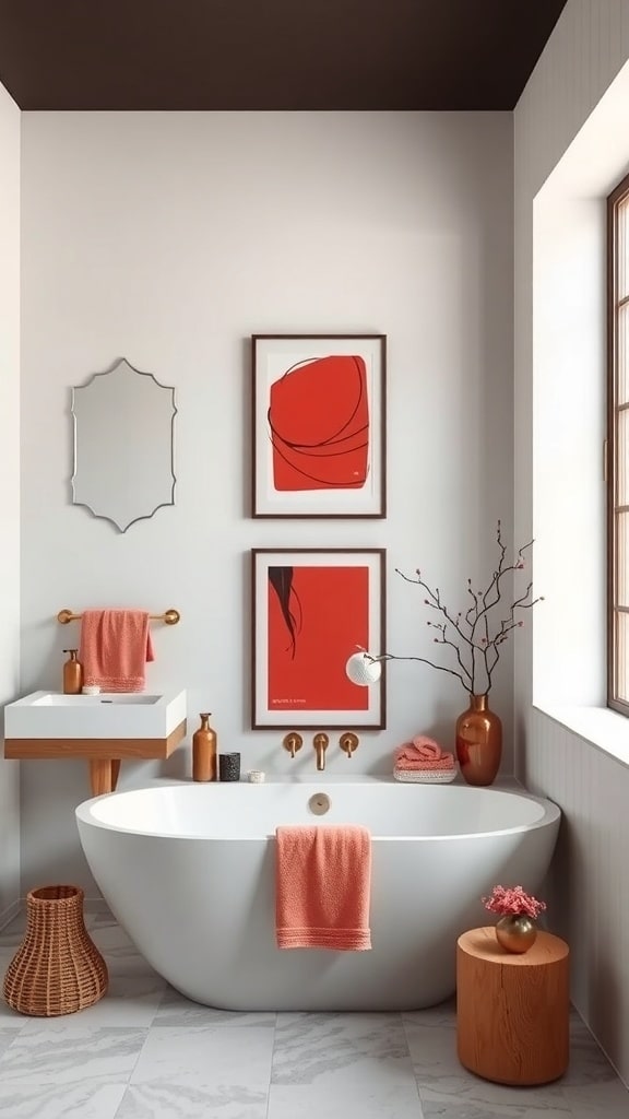 A minimalist red bathroom featuring a bold red artwork, a woven stool, and modern fixtures.