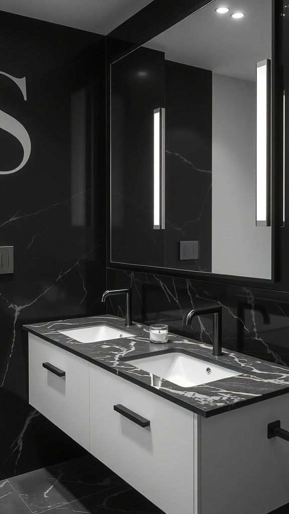 A stylish black and white bathroom featuring a modern double sink vanity with a dark marble countertop and sleek lighting.