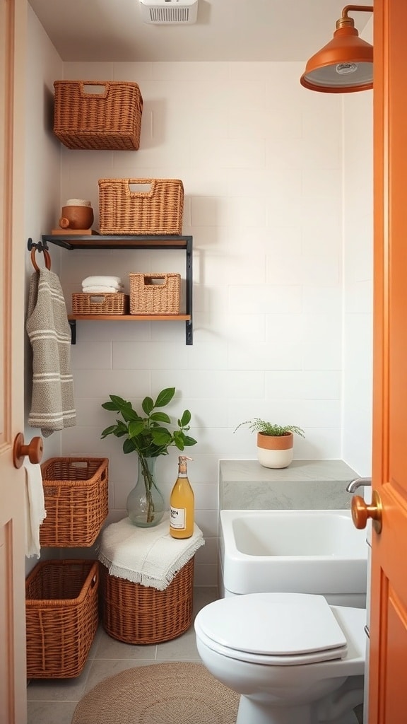 A small bathroom featuring rust orange accents, woven storage baskets, and a plant.