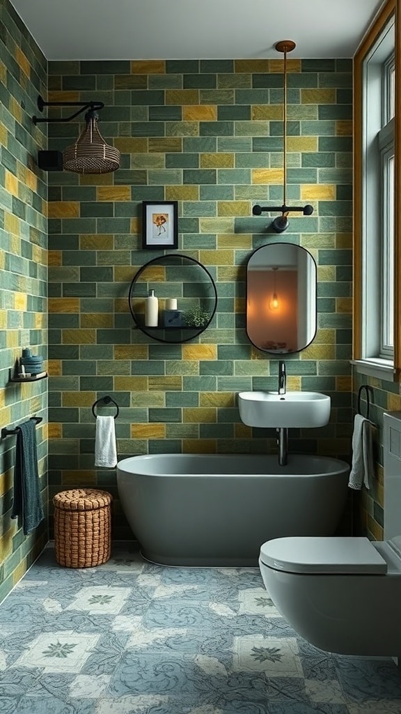 A stylish bathroom featuring deep green and ochre yellow tiles, modern fixtures, and natural materials.