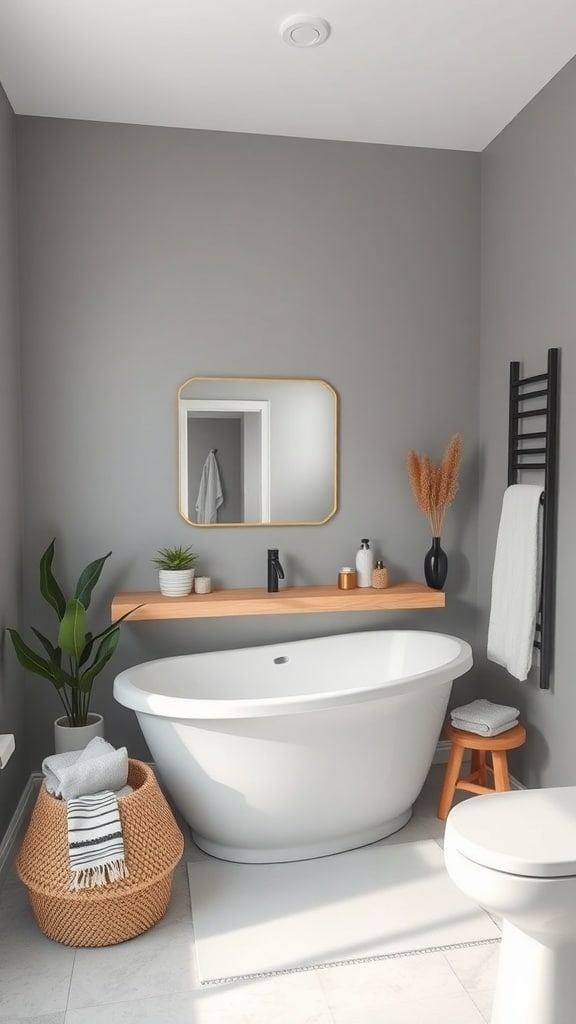 A minimalist gray bathroom featuring a white bathtub, wooden shelf, and natural accents like plants and towels.
