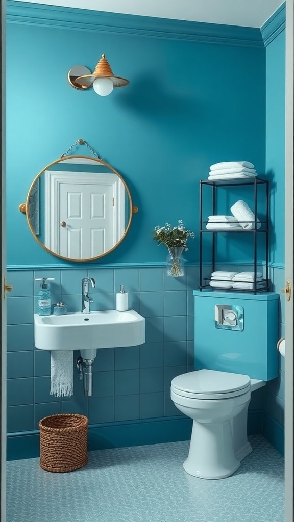 A peacock blue bathroom featuring a modern sink, open shelving, and a woven basket for storage.