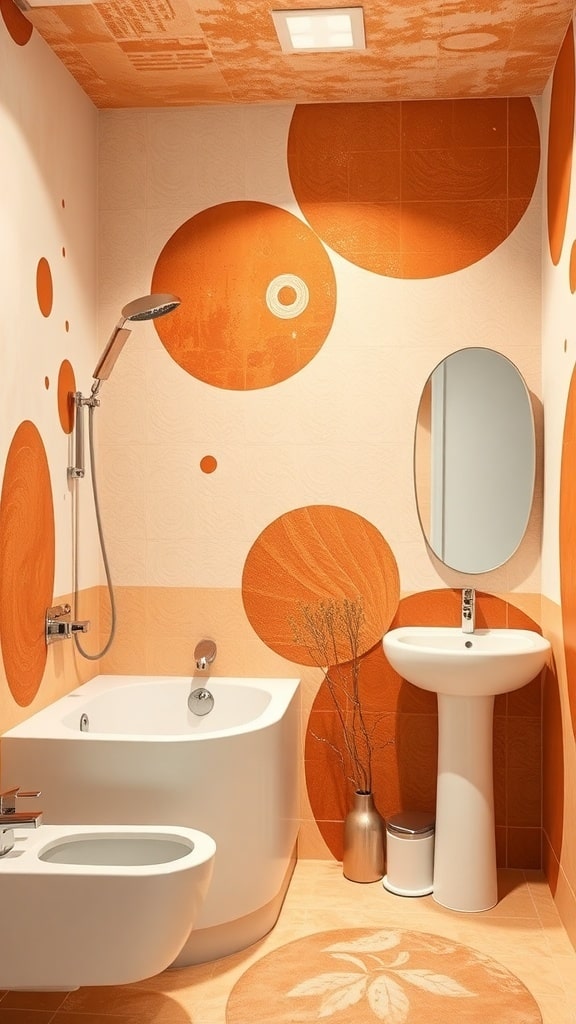 A bathroom with artistic burnt sienna wall murals featuring bold circular patterns.