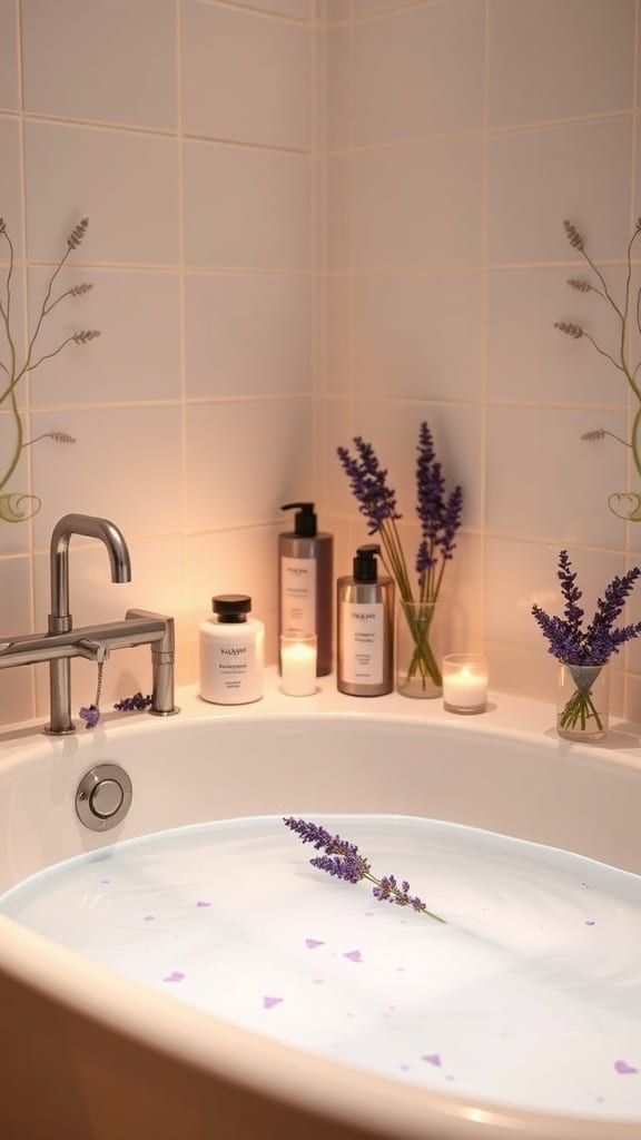 A minimalist lavender bathroom featuring a bathtub with lavender sprigs, candles, and bath products.