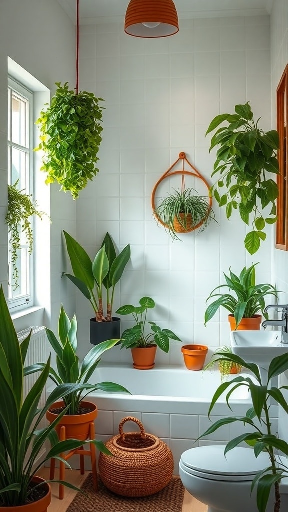 A boho-style bathroom with various indoor plants in burnt sienna pots, creating a lush and inviting atmosphere.