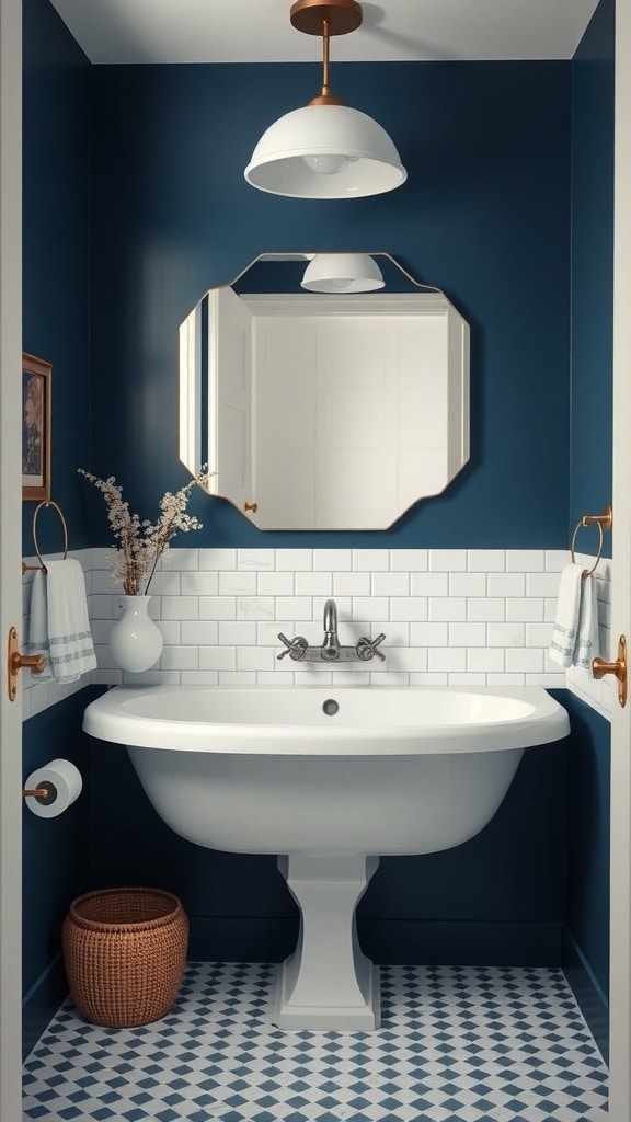 A bathroom featuring bold indigo walls, white accents, and modern fixtures.