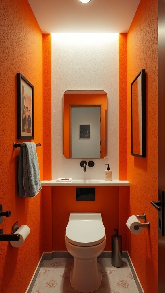 A small bathroom with textured orange walls, a white countertop, and modern fixtures.