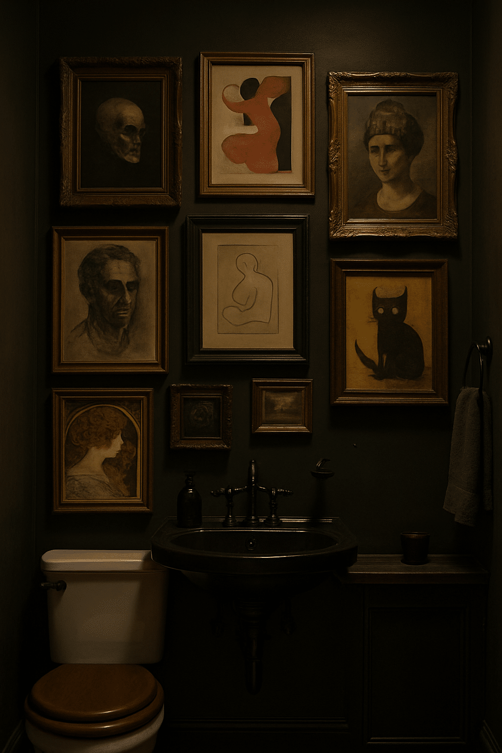 A dark bathroom with various framed artworks on the walls, including portraits and illustrations.