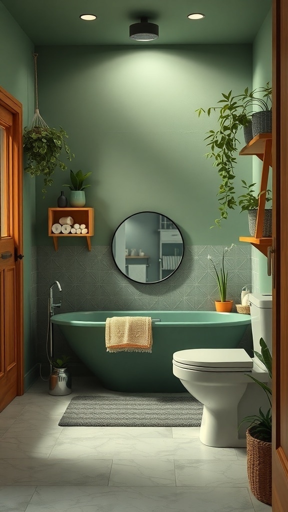 A cozy green bathroom featuring earthy tones, natural textures, and plants.