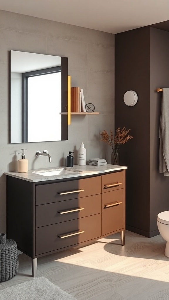 A modern bathroom featuring a chocolate brown vanity with a marble countertop, gold hardware, and natural light.