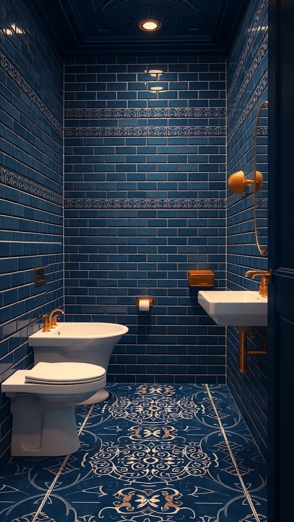 A luxurious navy blue tiled bathroom featuring intricate floor patterns and gold fixtures.