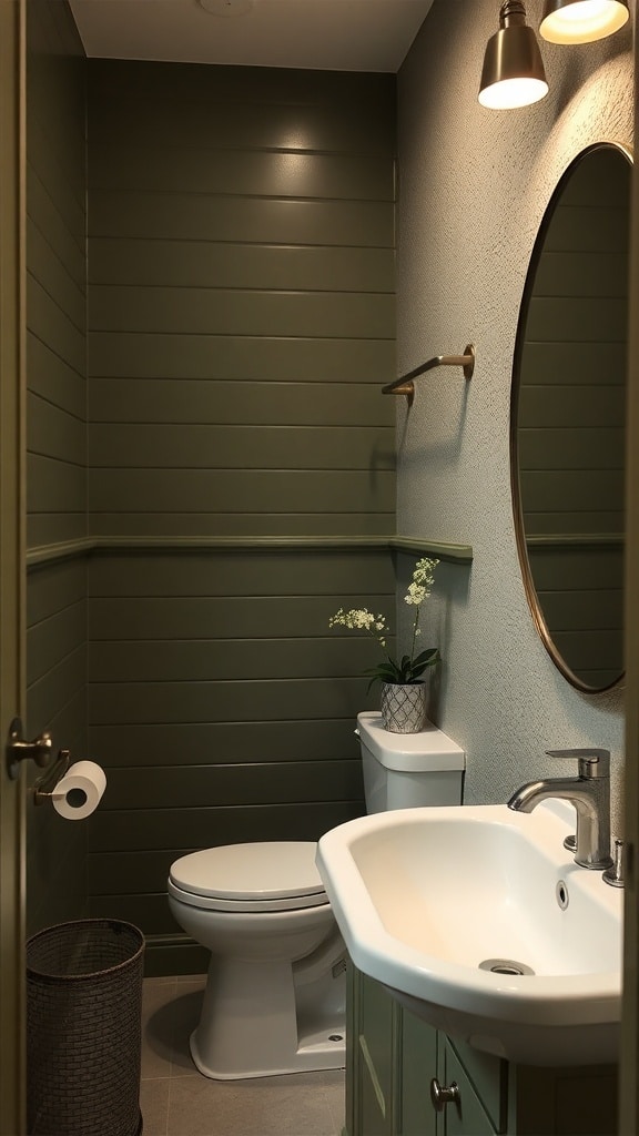 A small bathroom featuring olive green shiplap walls, a round mirror, and a potted plant.