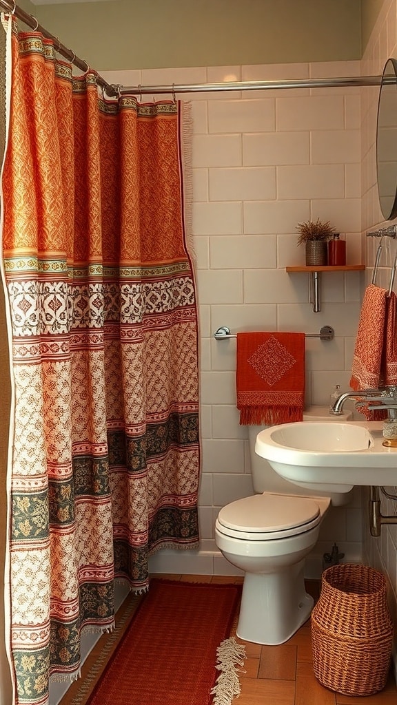 A boho bathroom featuring a burnt sienna shower curtain with intricate patterns, matching towels, and a woven basket.
