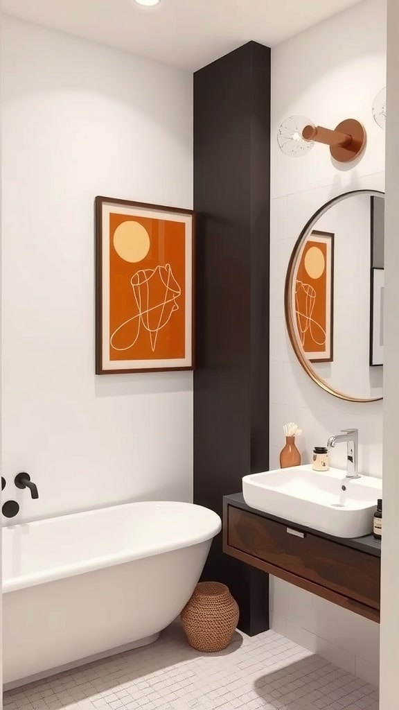 A cozy bathroom with personalized art displays, featuring framed prints and a potted plant.