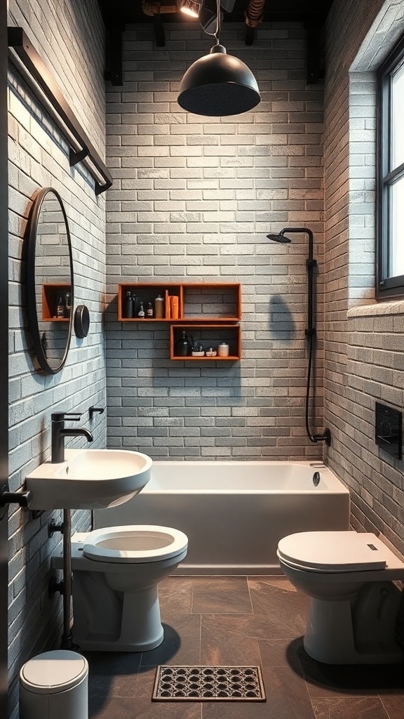 Industrial gray bathroom featuring exposed brick walls, a white bathtub, black fixtures, and wooden shelves.