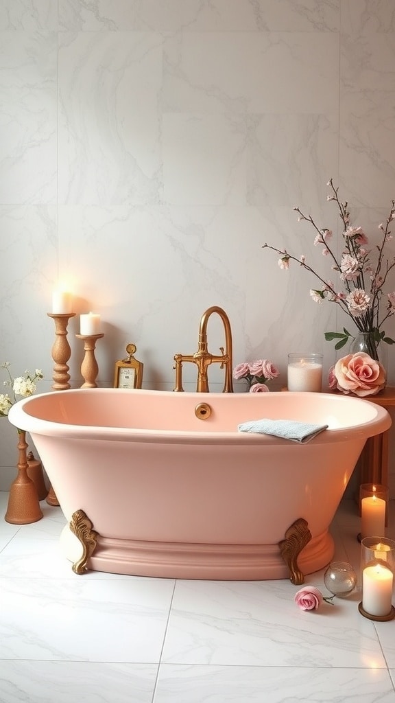 A blush pink bathtub with gold accents, surrounded by candles and flowers in a stylish bathroom.