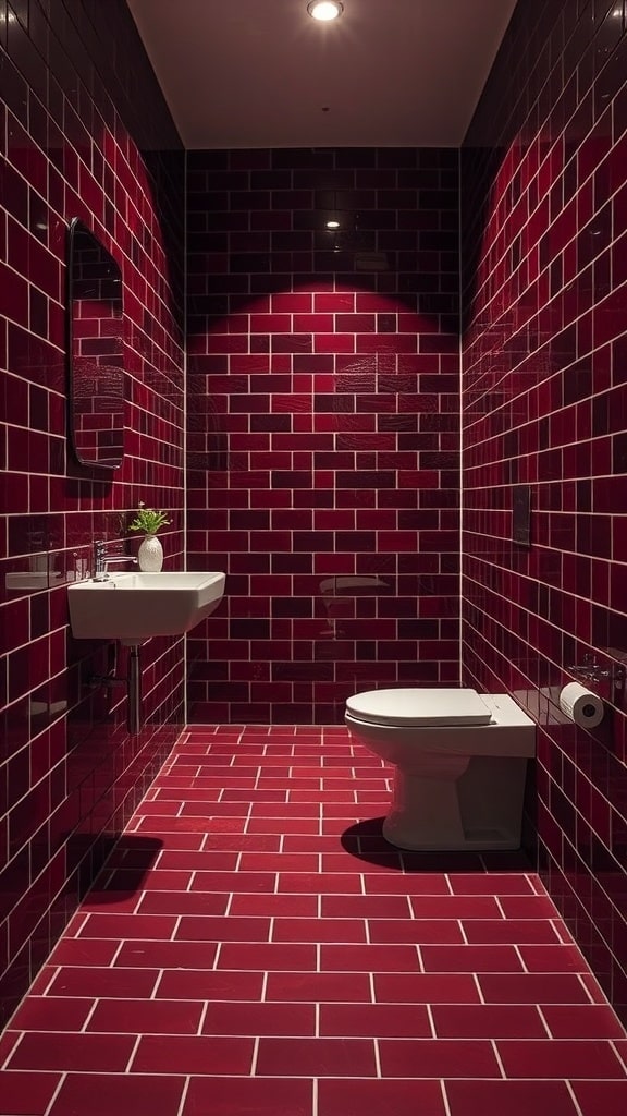 A bathroom with burgundy tiles on walls and floor, featuring a white sink and toilet.