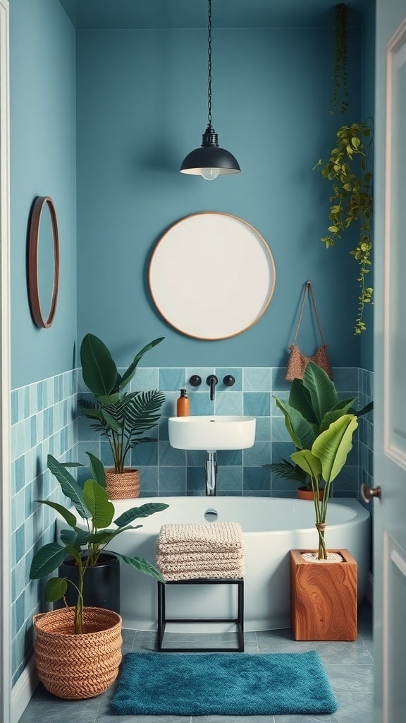 A serene bathroom featuring peacock blue walls, plants in woven pots, and natural wood accents.