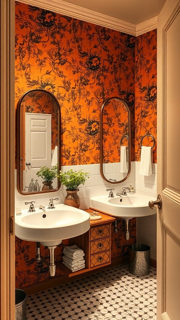 A vintage-inspired bathroom featuring burnt sienna floral wallpaper, dual sinks, wooden cabinetry, and decorative mirrors.