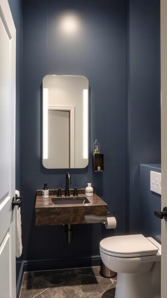A stylish tiny bathroom featuring slate blue walls and two tall mirrors above a double sink.