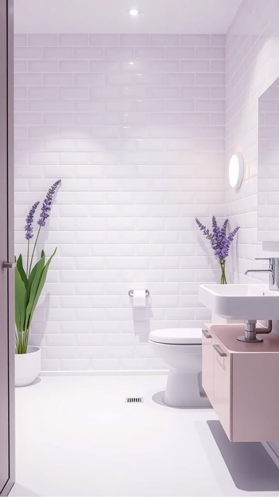Minimalist lavender bathroom with white subway tiles, a floating vanity, and lavender flowers.