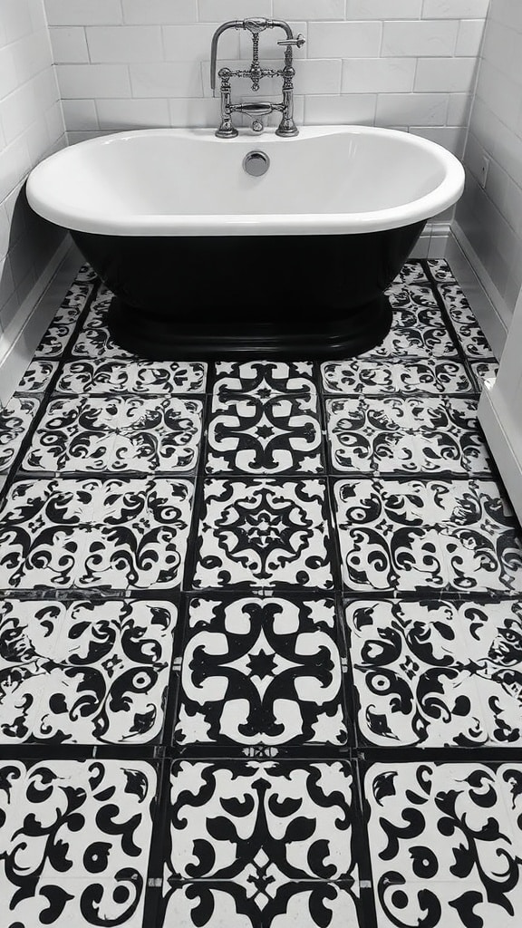 Black and white patterned tiles in a bathroom with a vintage bathtub