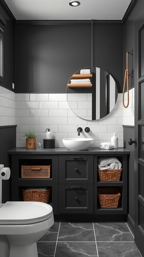 Stylish charcoal gray bathroom with modern storage solutions, featuring a round mirror, open shelves, and woven baskets.