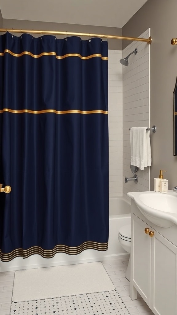 Navy blue shower curtain with gold stripes in a stylish bathroom setting