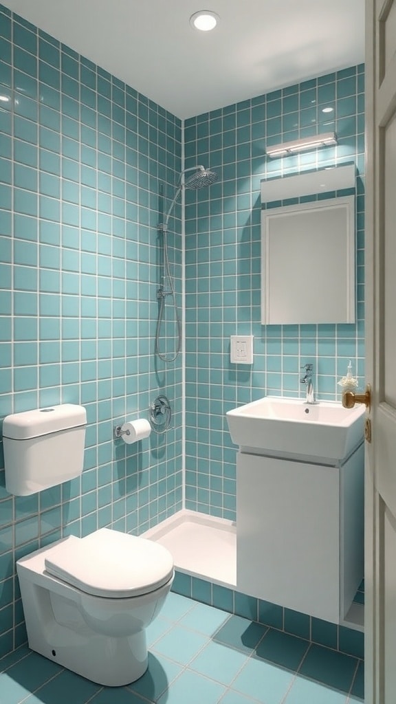 Minimalist bathroom with teal tiles on walls and floor, featuring a modern sink and toilet.
