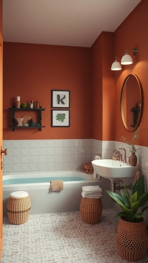 A warm terracotta painted bathroom featuring a bathtub, sink, and decorative elements.