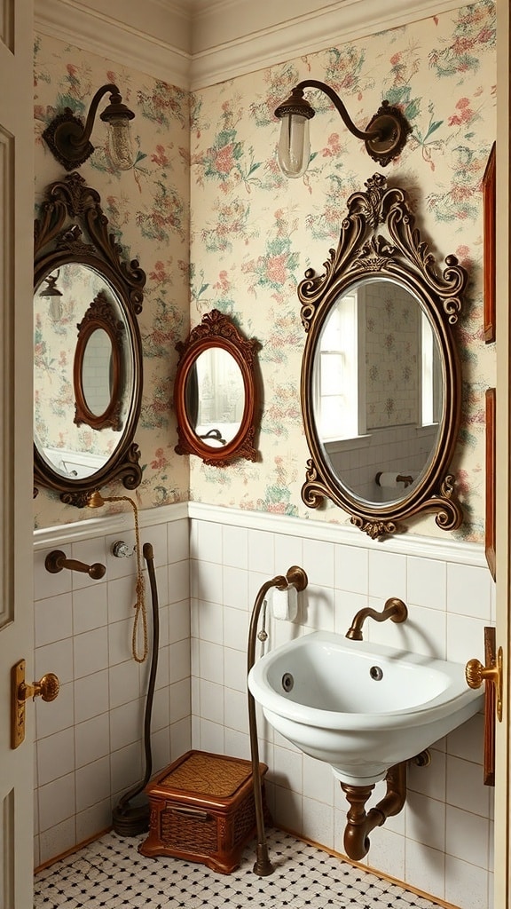 A cozy cream bathroom featuring vintage accents, including ornate mirrors, floral wallpaper, and warm lighting.