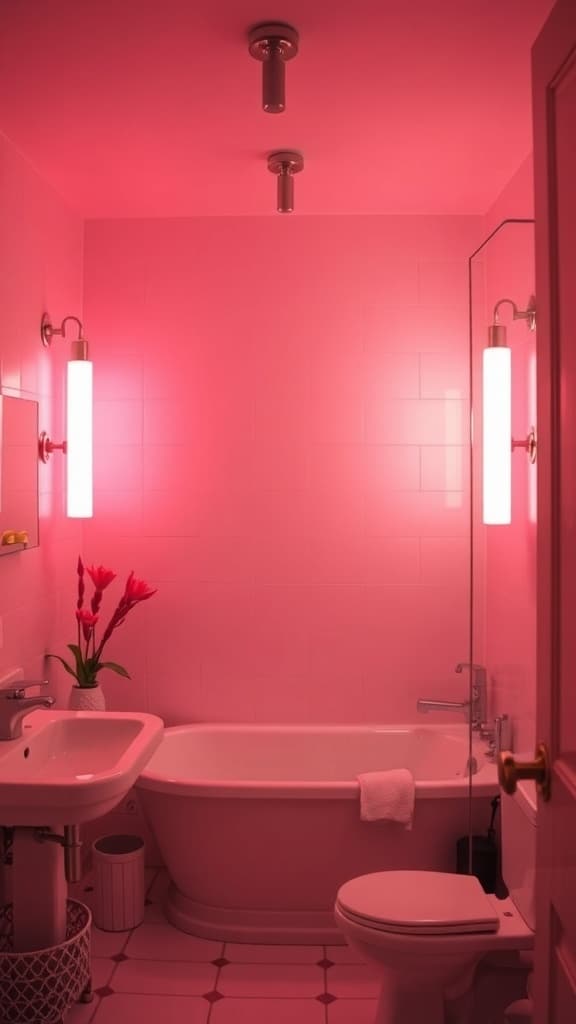 A bathroom featuring coral pink lighting fixtures, pink walls, and a modern design.
