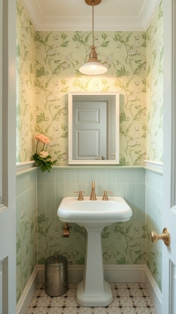 A stylish bathroom featuring sage green wallpaper with floral patterns, a white sink, and gold fixtures.