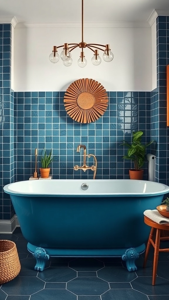 Indigo bathtub in a mid-century styled bathroom with blue tiles and copper fixtures.