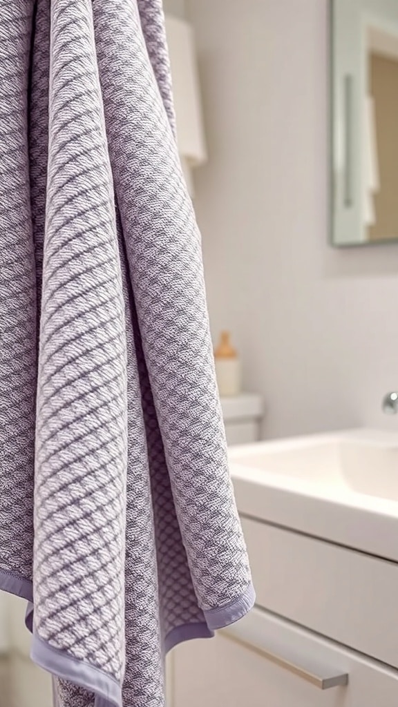 A lavender towel with a diamond pattern hanging in a minimalist bathroom setting.