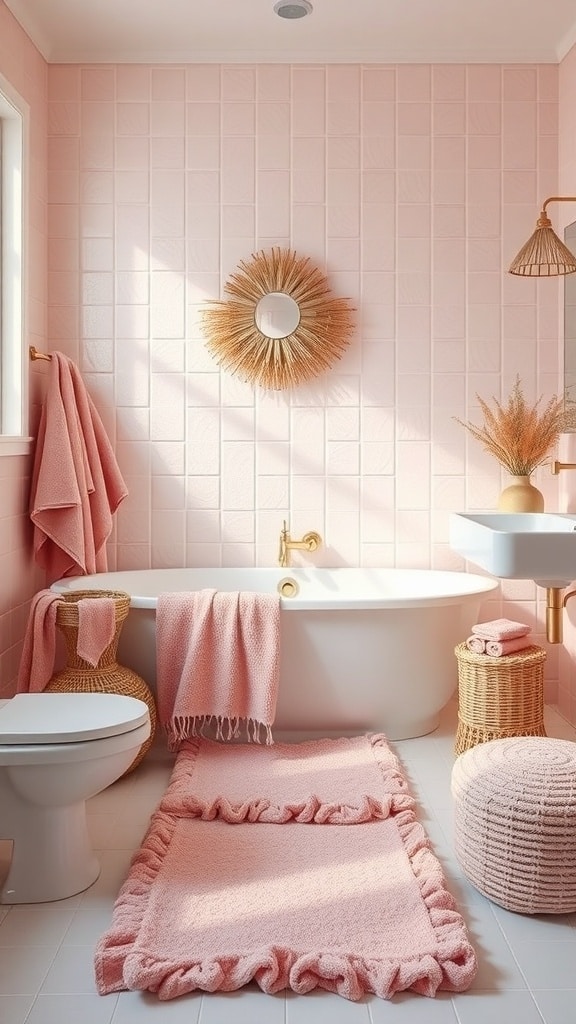 A cozy blush pink bathroom featuring soft textiles, including towels and rugs, creating a warm atmosphere.