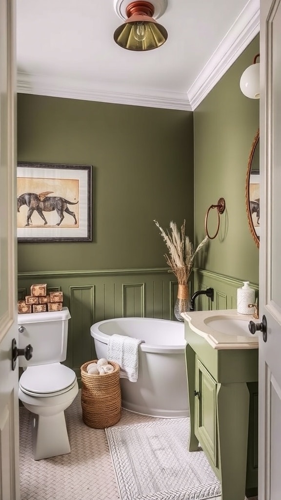 Olive green bathroom with wall art, a round mirror, and stylish decor