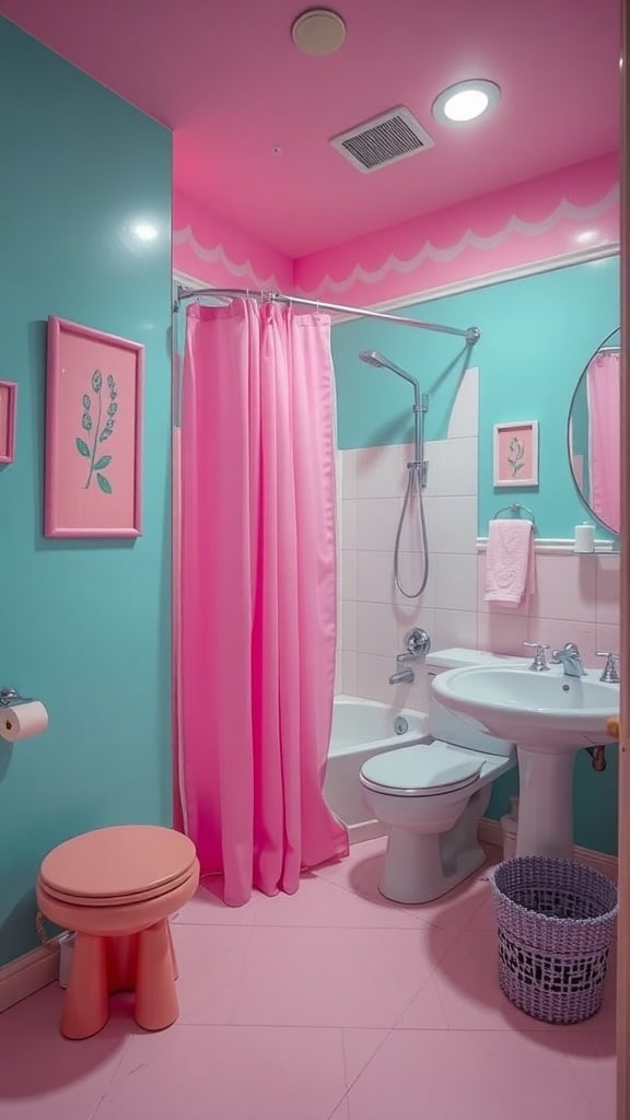 A bright pink shower curtain in a colorful bathroom with blue walls and pink accents.