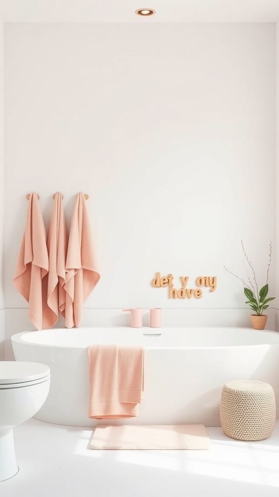 A minimalist blush pink bathroom featuring a round bathtub, soft towels, and a small plant.