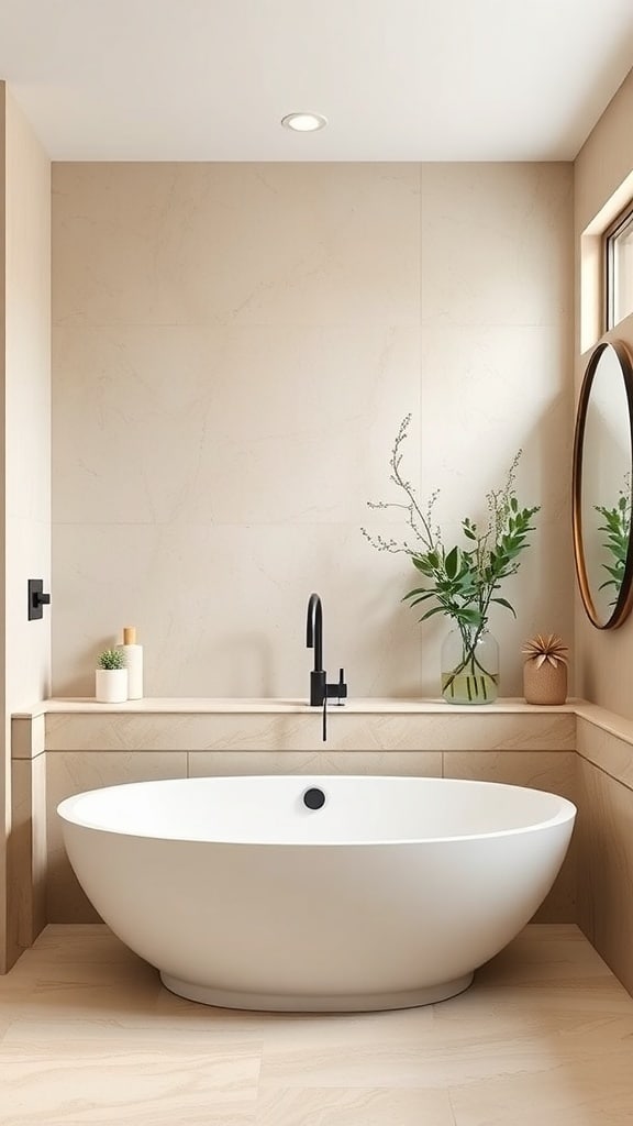 A mid-century beige bathroom featuring natural stone walls, a freestanding tub, and wooden cabinetry.