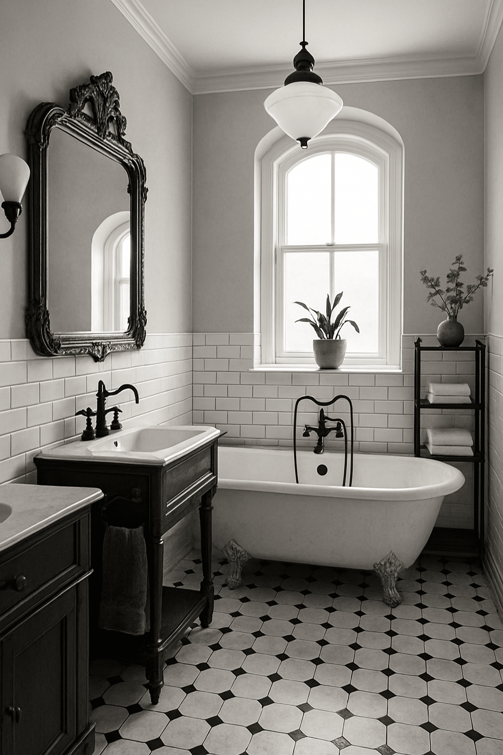 A stylish black and white bathroom featuring vintage fixtures and modern design elements.
