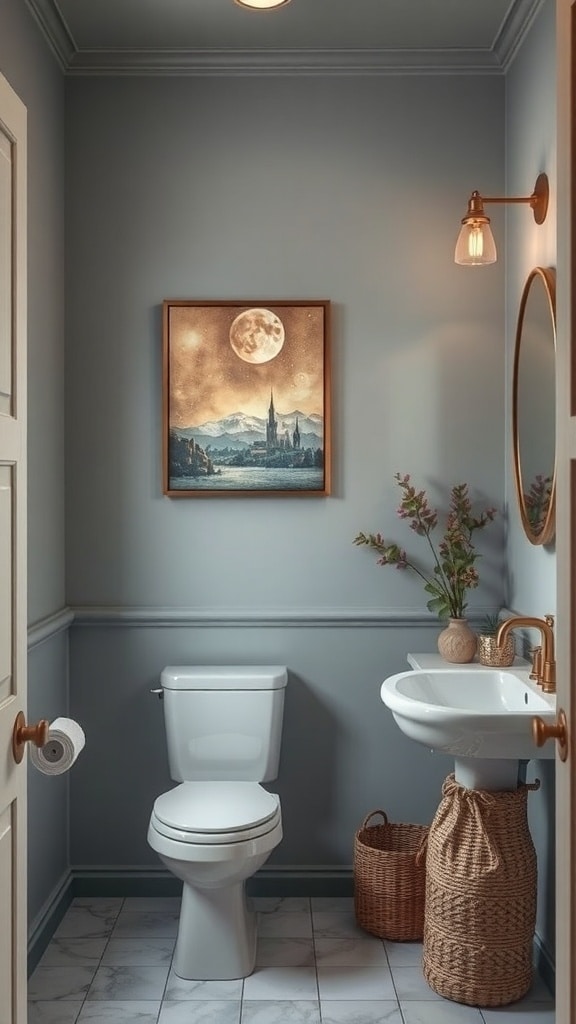 A bathroom with dusty blue walls, featuring a landscape painting, a round mirror, and natural decor.