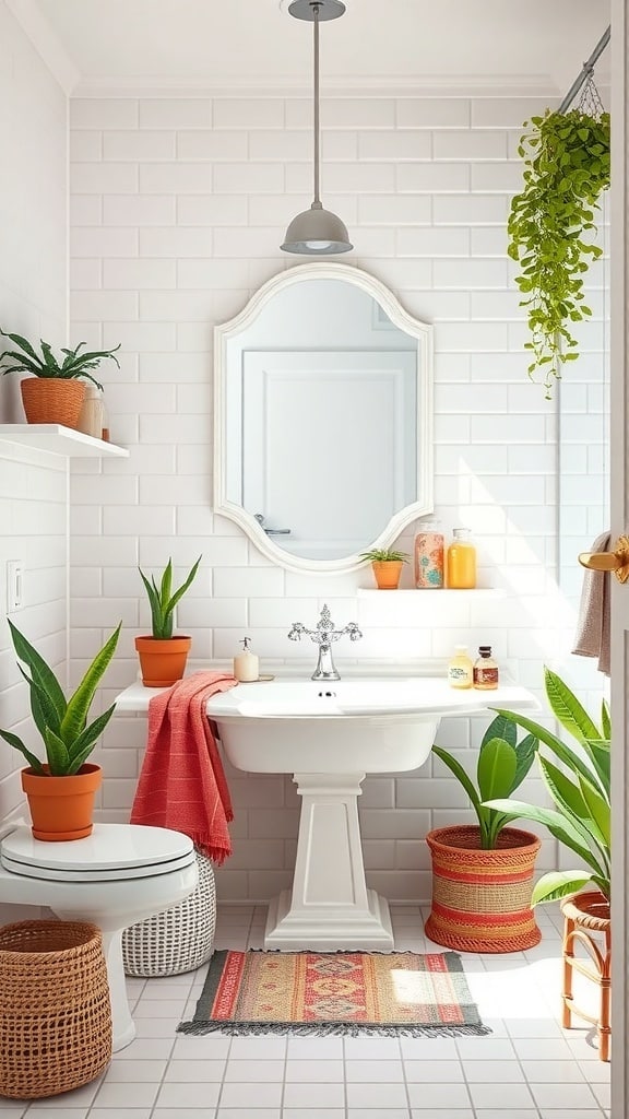 A bright white bathroom featuring colorful accessories like plants, towels, and decorative bottles.