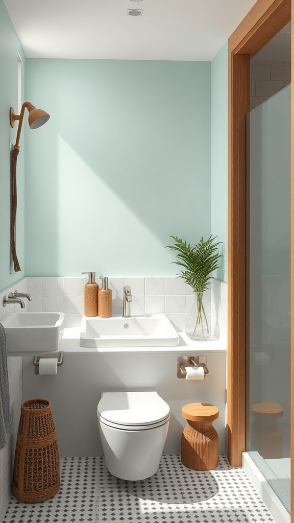 A modern bathroom featuring mint walls and wooden accents, with a potted plant for a natural touch.