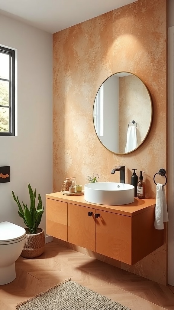 A modern bathroom featuring burnt sienna walls, a white bathtub, a floating wooden vanity, and natural decor elements.