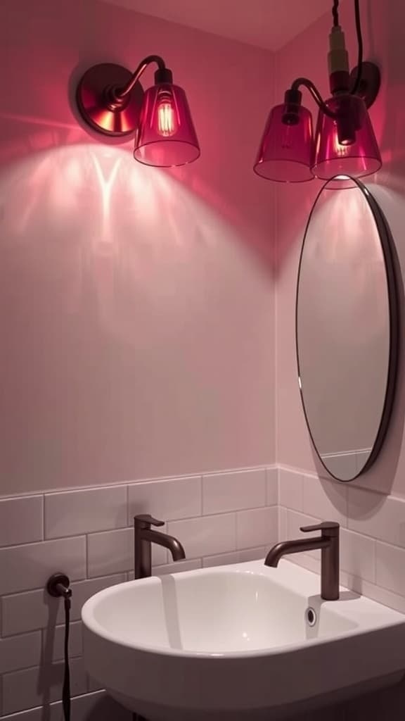 Burgundy wall sconces with glass shades illuminating a modern bathroom sink and mirror.
