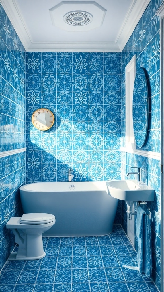 A bathroom featuring peacock blue tiles with floral patterns on the walls and floor, a modern white bathtub, and a round mirror.