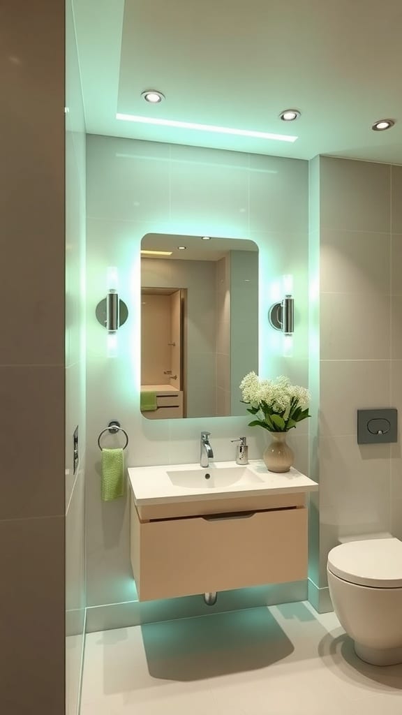 Modern bathroom with sage green walls and stylish lighting fixtures