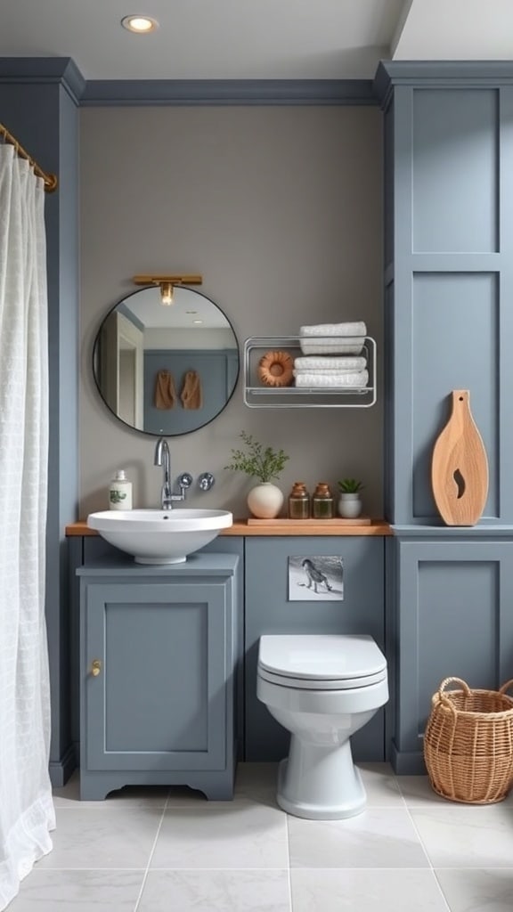 A stylish bathroom featuring earthy dusty blue cabinetry, a round mirror, open shelving with towels, and a woven basket for storage.